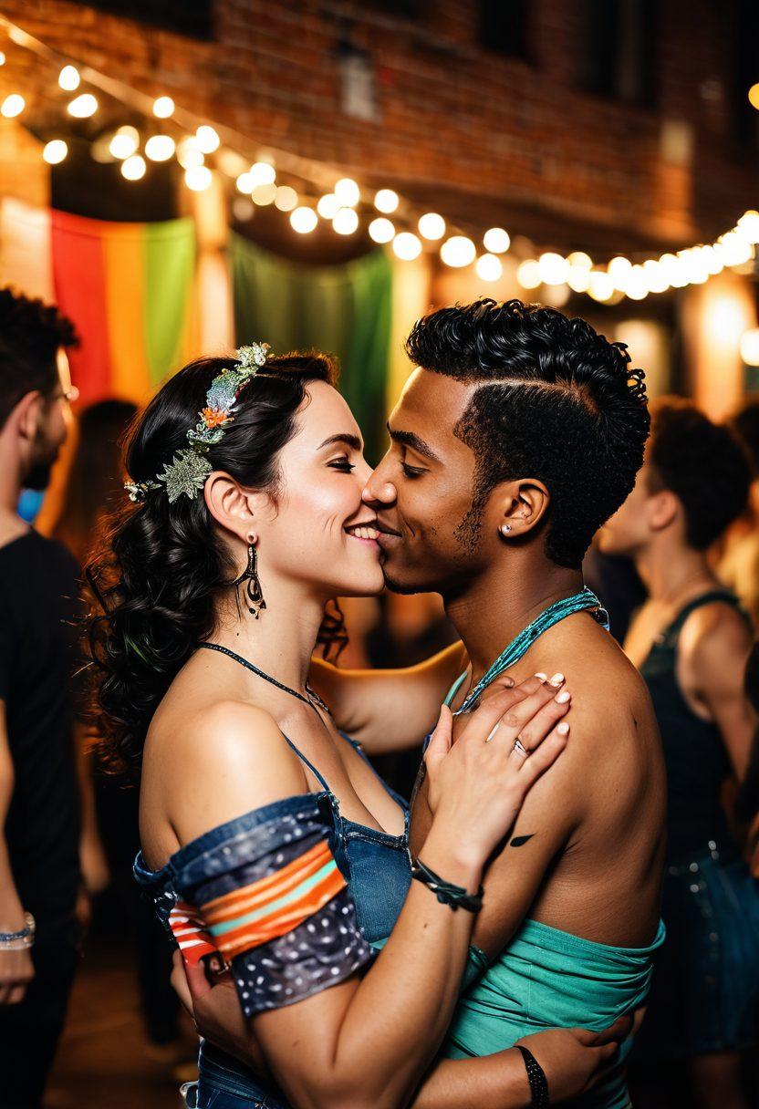 A vibrant and welcoming kink community gathering, featuring diverse individuals expressing joy and connection in a decorated urban space. Include colorful flags, playful props, and an atmosphere of acceptance, with couples engaged in loving interactions and laughter. The background should capture the essence of inclusivity and exploration, adorned with playful art and twinkling fairy lights. super-realistic. vibrant colors. 3D.